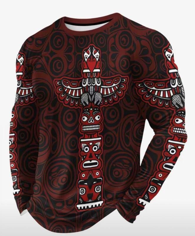 New Men's 3D Size XL Tribal Print Long Sleeve T-Shirt - Maroon & Burgundy Tribal Pattern with White Tiki Masks, Maori-Inspired Regular Fit Casual Shirt, Machine Washable 100 % Knit Fabric Polyester Stock photos added