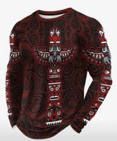 New Men's 3D Size XL Tribal Print Long Sleeve T-Shirt - Maroon & Burgundy Tribal Pattern with White Tiki Masks, Maori-Inspired Regular Fit Casual Shirt, Machine Washable 100 % Knit Fabric Polyester Stock photos added