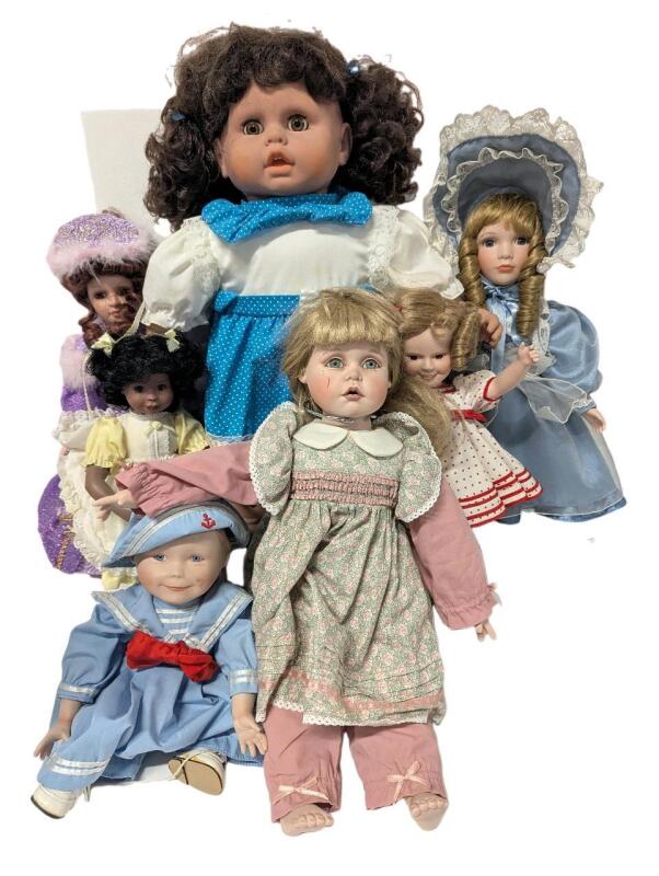 7 Vintage Dolls : 24" Tall Jessica Doll With Sleepy Eyes & Teeth + 6 Porcelain Collector Dolls Including Shirley Temple (Conditions Vary)