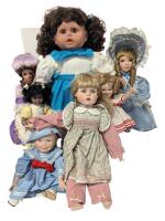 7 Vintage Dolls : 24" Tall Jessica Doll With Sleepy Eyes & Teeth + 6 Porcelain Collector Dolls Including Shirley Temple (Conditions Vary)