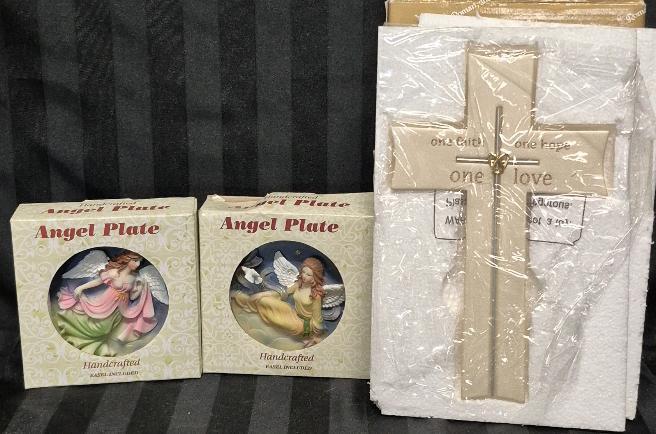 NEW Home Decor Angel Plates 3.5" & Cross 9.5" Tall