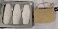 Ladies accessories Lot. 3 Embroidered handkerchiefs and a small purse. Handkerchief measures 11"x11" bag Measures 5.5" Wide