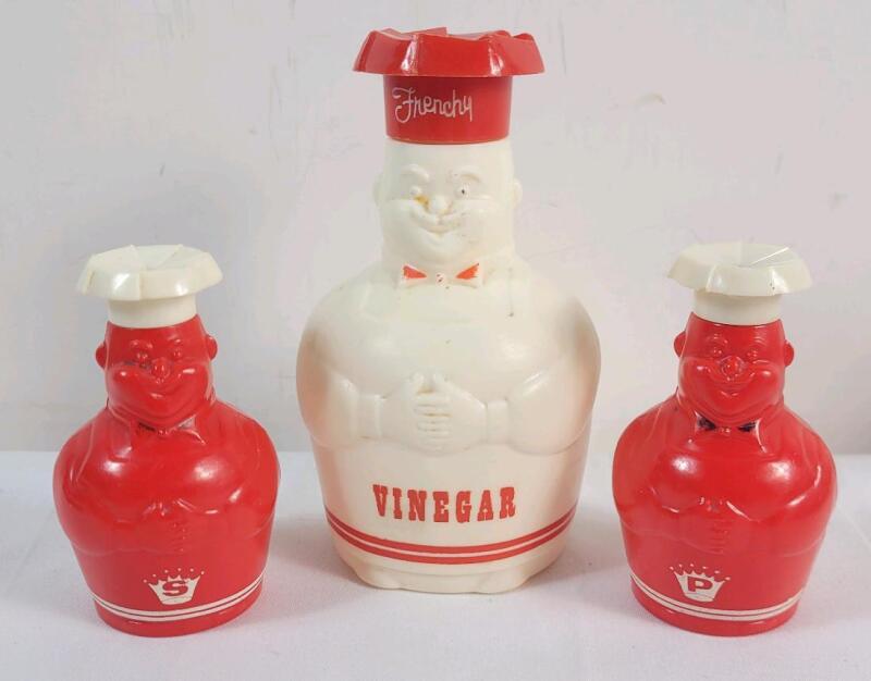 Vintage 1960s New Line Industries Chef Plastic Salt & Pepper Shakers and Chef Plastic Vinegar Cruet