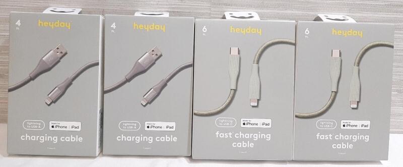 2 New Heyday Lightning to USB-A 4ft Charging Cables & Lightning to USB-C 6ft Cables