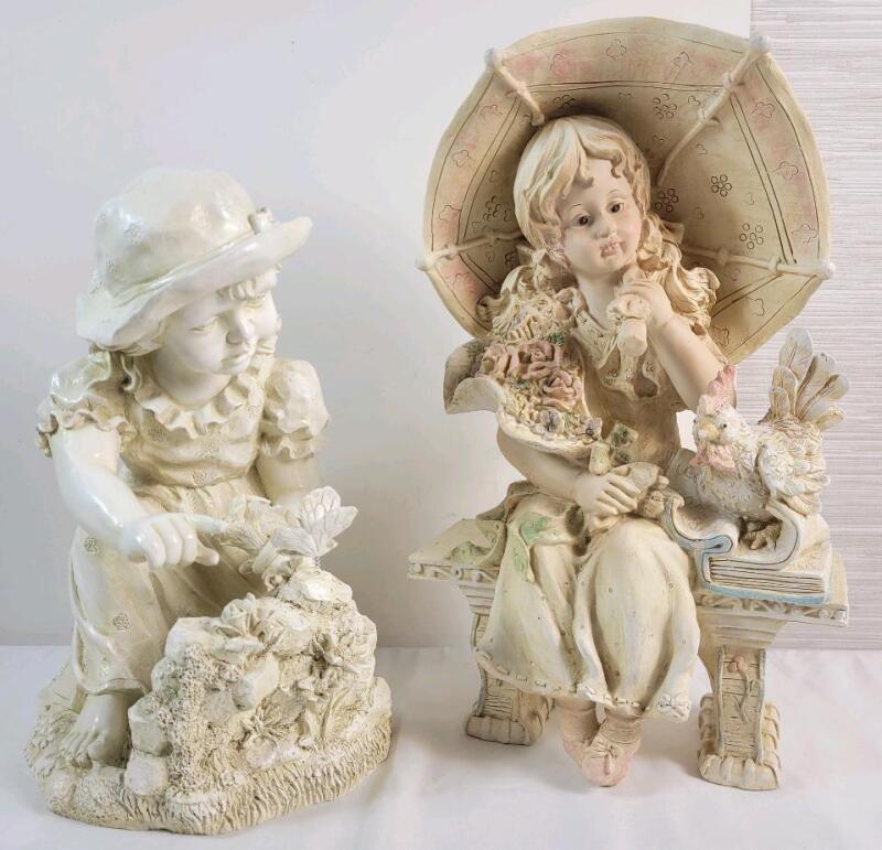 Two (2) Resin Garden Art Young Girls Decorative Figurines . Measures 14" & 16.5" tall .