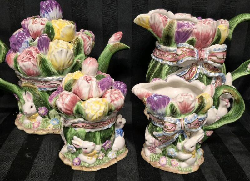 Adorable Bunny Ceramic Tea Set - Teapot 8", Creamer 4" & Sugar 5.5" and Water Pitcher 7"