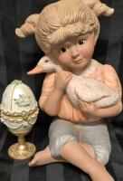 Adorable Ceramic Girl with Duck 12" & Egg Trinket Box 5.5" Tall