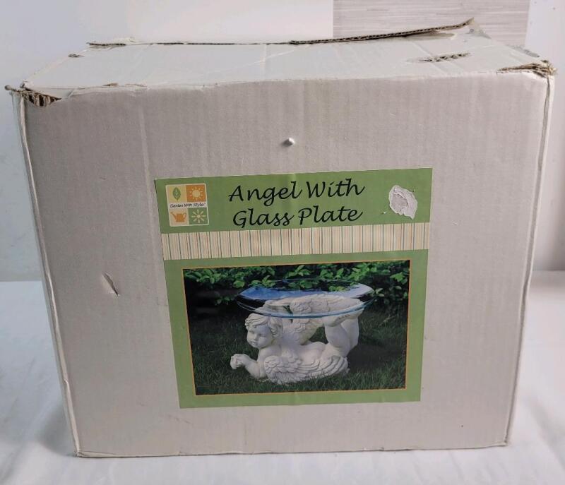 Garden Art Resin Angel w/Glass Bowl Bird Bath . Measures 10" tall & 13" diameter .