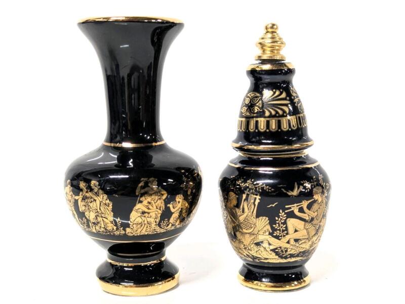 Vintage FAKIOLAS Greece 24k Gold Gilt Detail on Black Mini Vase & Mini Grecian Urn-Shapes Ointment/Unguent & Perfume Bottle, Up To 4.5" Tall