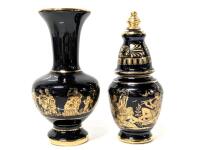 Vintage FAKIOLAS Greece 24k Gold Gilt Detail on Black Mini Vase & Mini Grecian Urn-Shapes Ointment/Unguent & Perfume Bottle, Up To 4.5" Tall