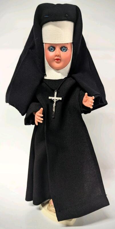 Fantastic Creepy Vintage 12" Catholic Nun Doll With Articulated Limbs, Crucifix, Stand & The Most Piercing Electric Blue "Sleepy" Eyes Ever!