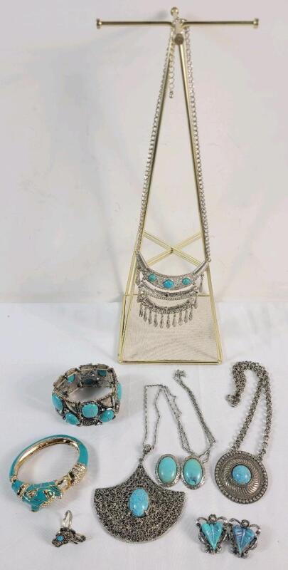 Turquoise Jewelry Lot w/Stand . Necklaces , Earring Sets , Ring & Bracelets .