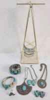Turquoise Jewelry Lot w/Stand . Necklaces , Earring Sets , Ring & Bracelets .
