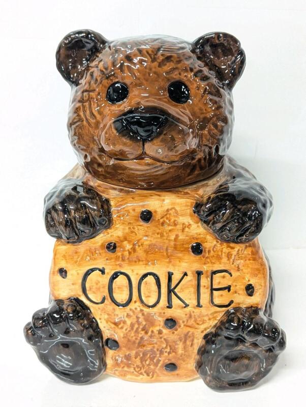 Vintage CKRO Porcelain Teddy Bear Cookie Jar, 10" Tall, Shallow Flake Chipping On Inner Rim
