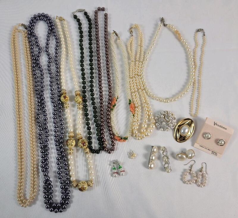 Assorted Pearl Jewelry . Various Length Necklaces plus Brooches , Earring & Scarf Clip .