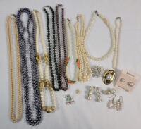 Assorted Pearl Jewelry . Various Length Necklaces plus Brooches , Earring & Scarf Clip .