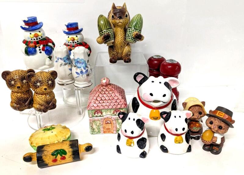 Vintage Salt & Pepper Shakers + Fat Cow Creamer & S/P Shaker Set, Up To 4.5" Tall, Chips Present, Not All Include Stoppers