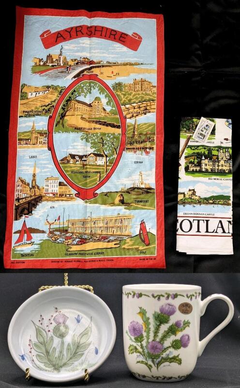 Vintage Scotland & Scotch Thistle: 2&times; Souvenir Kitchen Towels Up To 18" &times; 30", Scotch Thistle Coffee Mug & Signed Buchan Scotland Stoneware Dish 4.4" Diameter, No Chips or Cracks