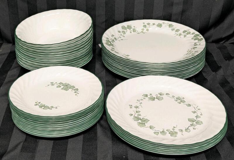 Vintage CORELLE USA Callaway Ivy Discontinued Dinnerware : 12&times; 10" Plates, 6&times; 8.75" Plates. 11&times; 7" Plates, 12&times; 7" Bowls, No Chips or Cracks, Utensil Wear Present