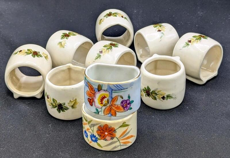 2 Gorgeous Vintage NORITAKE Napkin Rings & 8 Signed "Gayle" Footed Napkin Rings With Holly, Up to 2" Tall, Some Rough Spots Can Be Felt Along Rim of Holly Holders