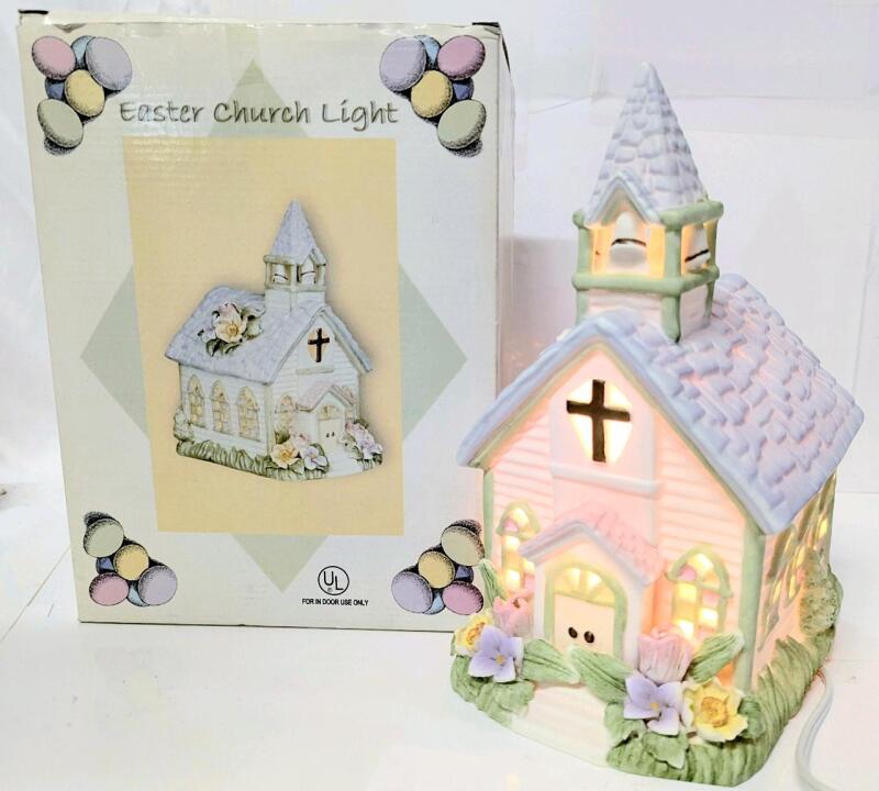 Vintage Porcelain Easter Light-Up Church, 9.5" Tall, Working, With Bulb, No Chips or Cracks