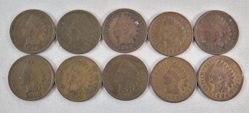1896 - 1904 USA Indian Head Pennies . 1896 , 1897 , 1898 , 1900 , 1902 &times;2 , 1903 &times;3 & 1904 . Ten (10) Coins