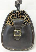 As-New Neat Teardrop-Shape Faux Leopard & Faux Leather Bag With Back Zipper Access, 9" &times; 3.75" &times; 11.25" Tall (Excl Strap)