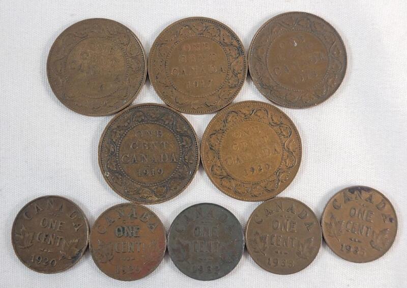 1916 - 1935 Canadian Large & Small One Cent Pennies . Large : 1916 , 1917 , 1918 , 1919 , 1920 . Small : 1920 , 1929 , 1932 , 1933 & 1935 . Ten (10) Coins