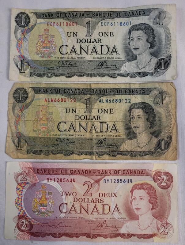 1974 Canadian Two Dollar Bank Note & Two (2) 1973 Canadian One Dollar Bank Notes . All Three (3) Bank Notes have been in Circulation