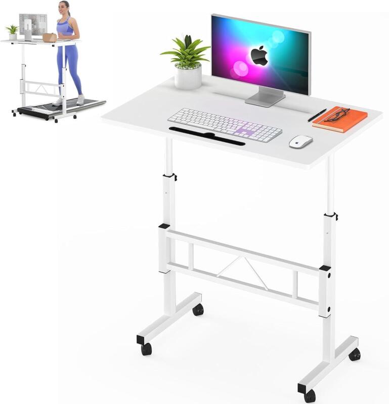 New White Klvied Small Standing Desk Adjustable Height, Mobile Table with Wheels, Portable Laptop Table, Standing Computer Desk for Walking Pad