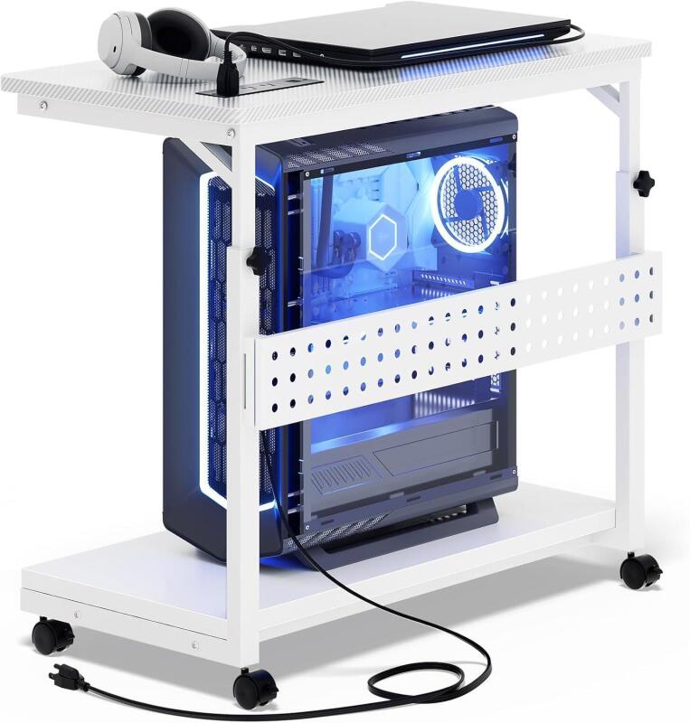 New Retail $213 Besiost Computer Tower Stand with Power Strips, 4 Levels Manual Height Adjustable PC Tower Stand for Under Desk, Mobile Rolling CPU Holder, Computer Cart with Wheels, 24", Carbon Fiber Black