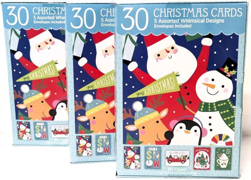 90 New Christmas Cards, 5 Whimsical Designs With Envelopes (4.5" &times; 6.5") - 3 Boxes, 30 Cards Per Box