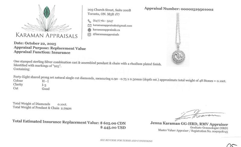 Sterling Silver Natural Diamond (0.10ct) Pendant with Sterling Silver Chain, comes with APPRAISAL $625.00.