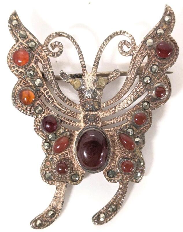 Vintage Butterfly Brooch With Presumed Carnelian Stones, 1.5" Long, Non-Magnetic, Missing Stones in Eyes