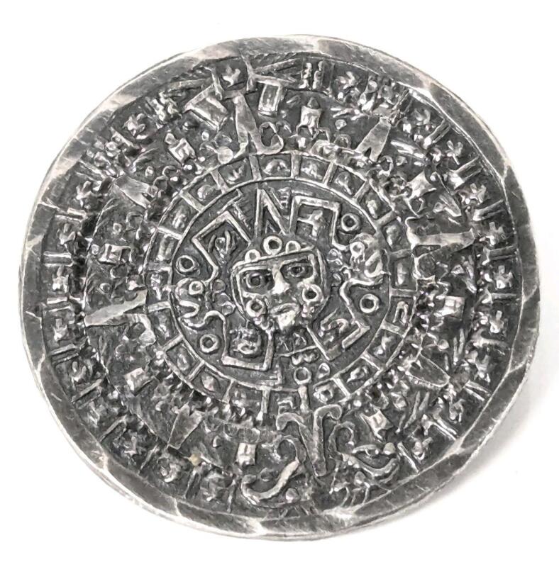 Vintage Mexican Sterling Silver Stamped 925 Shield 28 Aztec/Mayan Calendar Brooch. 1" Diameter