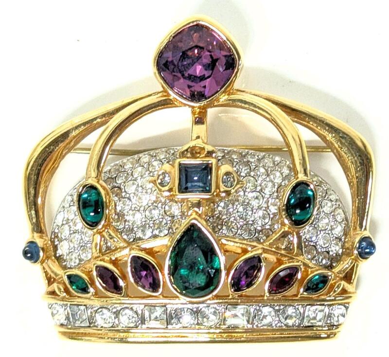 Large Vintage Signed SWAROVSKI Crystal Encrusted Crown Brooch, 2" &times; 1.75" Long