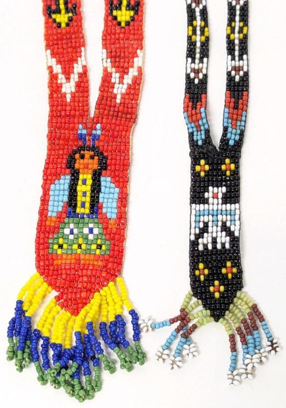 2 Vintage Native Beaded Loop Necklaces, Woman & Thunderbird, 26" Long Each