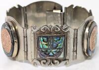 Vintage Sterling Silver Stamped 925 Taxco Abalone Aztec Bracelet With Box Clasp, 1.15" Wide &times; 7" Long