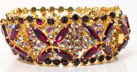 Gorgeous Vintage AB Aurora Borealis & Burgundy Rhinestone Bracelet With Safety Chain & Box Clasp, 1" Wide &times; 7" Long
