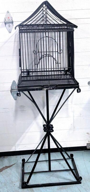 Vintage Wrought Iron Bird Cage With Stand, 55" Tall