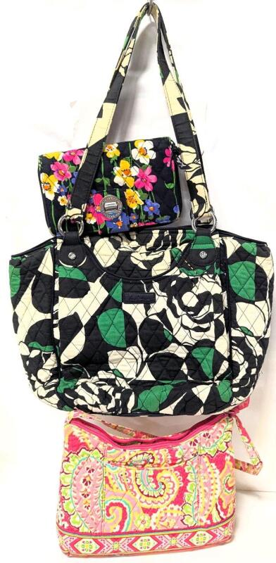 3 VERA BRADLEY Quilted Bags : Imperial Rose Glenna Tote Bag, Capri Melon Purse & Bifold Wallet, Tote 13.5" x 23" (at widest part of top) x 7.5", Marks + Light Discoloration To Exteriors