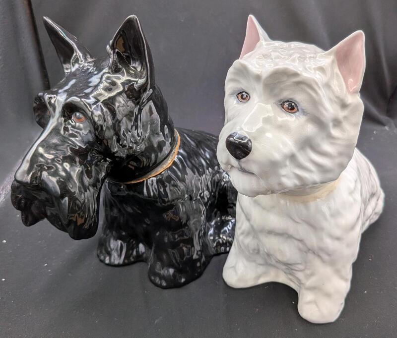 2 Vintage Royal Adderly Black & White Whisky Decanter Scottie Dogs. Tallest Measures 8.25" Tall. 1970.