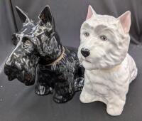 2 Vintage Royal Adderly Black & White Whisky Decanter Scottie Dogs. Tallest Measures 8.25" Tall. 1970.