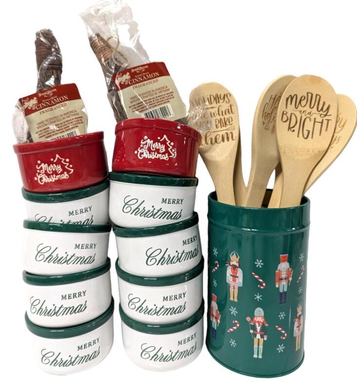 New Kitchen Christmas: 6 Bamboo Spoons With Xmas Sayings in Tin, 8 Ceramic Ramekins (3.5" &times; 2") & 2 Cinnamon Scented Mini 6.25" Scent Brooms