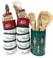 New Kitchen Christmas: 6 Bamboo Spoons With Xmas Sayings in Tin, 8 Ceramic Ramekins (3.5" &times; 2") & 2 Cinnamon Scented Mini 6.25" Scent Brooms