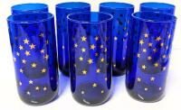 7 Vintage Unsigned Libbey Cobalt Blue "Gold Stars" Tumblers, 5.75" Tall, No Chips or Cracks
