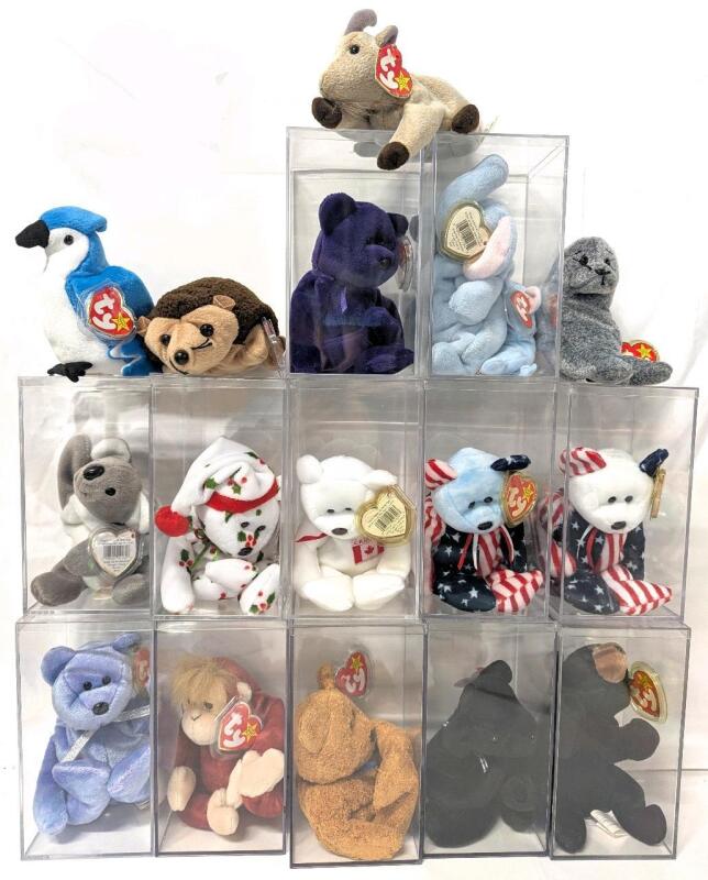 16 Vintage TY Beanie Babies + 12 Hard 7.25" Tall Display Cases : Includes Lady Di Beanie + More (All But Two Have Heart-Tag Covers) All In Plastic Storage Tote With Lid