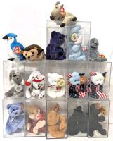 16 Vintage TY Beanie Babies + 12 Hard 7.25" Tall Display Cases : Includes Lady Di Beanie + More (All But Two Have Heart-Tag Covers) All In Plastic Storage Tote With Lid