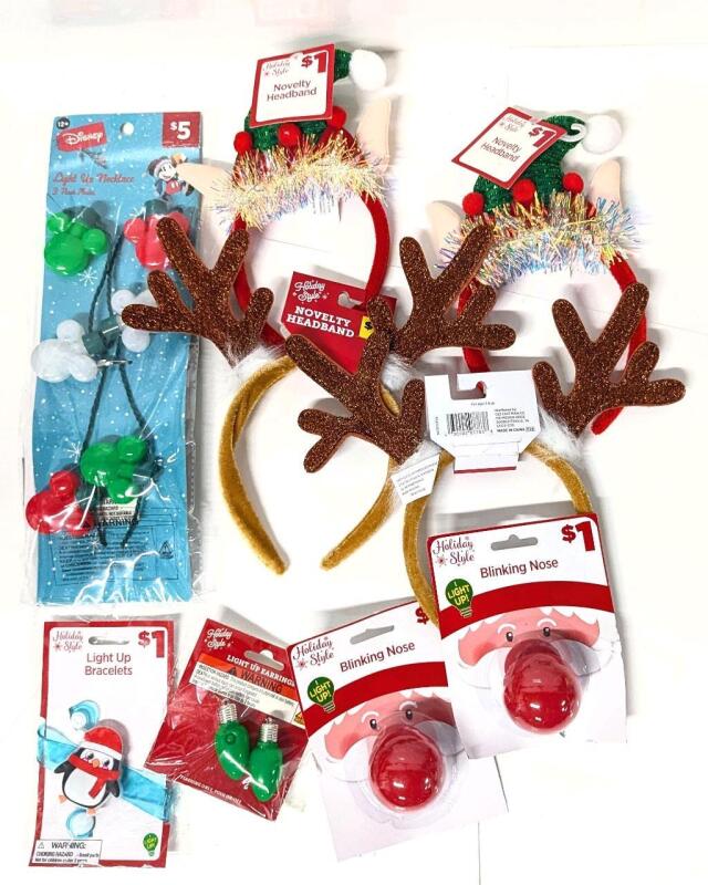 New Christmas Novelty Jewelry: Disney Light-Up Necklace, Light-Up Bracelet, 2&times; Light-Up Blinking Noses, Light-Up Earrings & 4&times; Novelty Head Bands (2 Reindeer, 2 Elf)