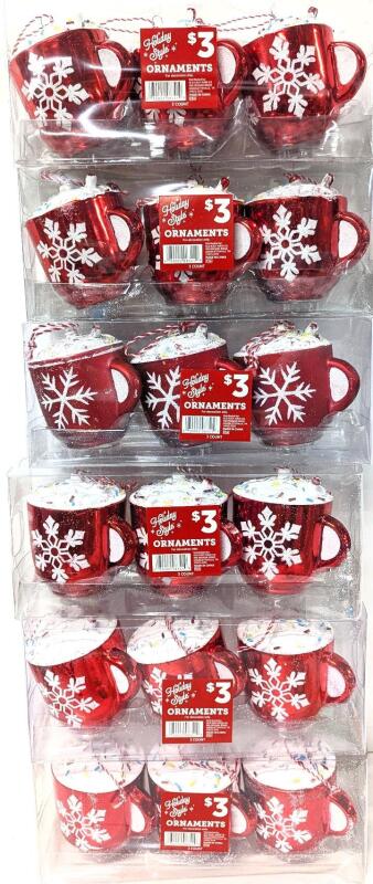 18 New 3D Metallic Hot Cocoa Mug Christmas Ornaments, 3.5" Long Each, 6 Packs of 3